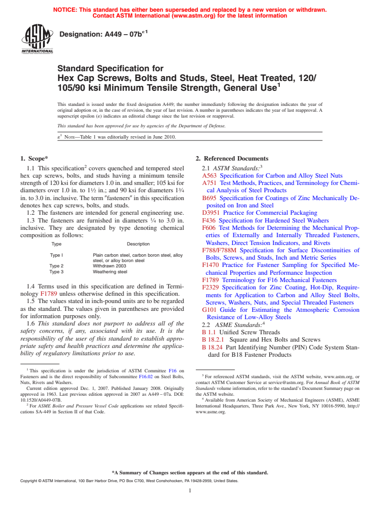 ASTM A449-07be1 - Standard Specification for  Hex Cap Screws, Bolts and Studs, Steel, Heat Treated, 120/105/90 ksi Minimum Tensile Strength, General Use