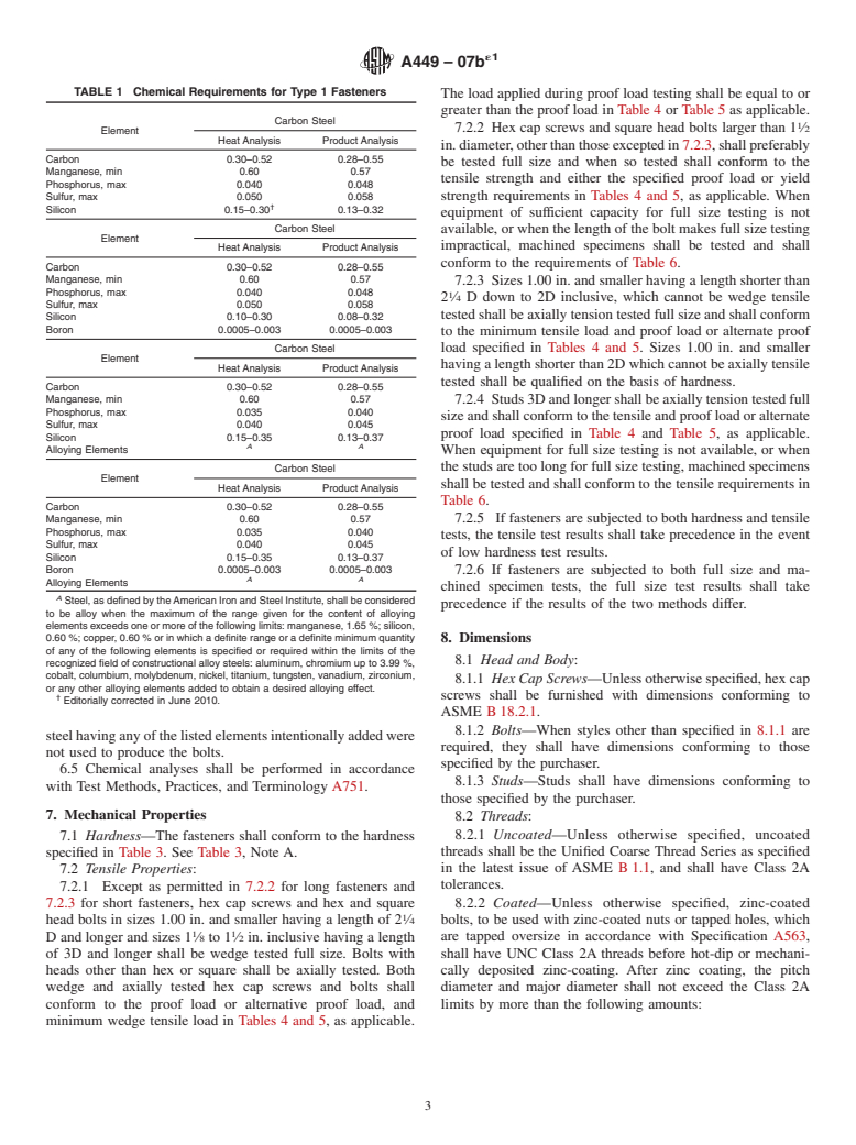 ASTM A449-07be1 - Standard Specification for  Hex Cap Screws, Bolts and Studs, Steel, Heat Treated, 120/105/90 ksi Minimum Tensile Strength, General Use
