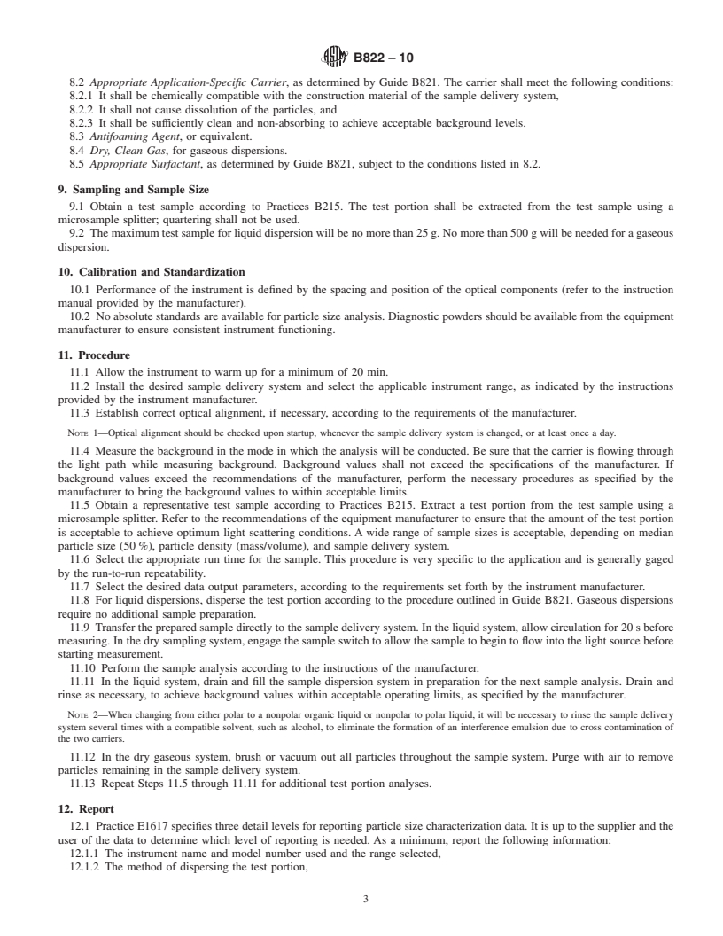 REDLINE ASTM B822-10 - Standard Test Method for Particle Size Distribution of Metal Powders and Related Compounds by Light Scattering