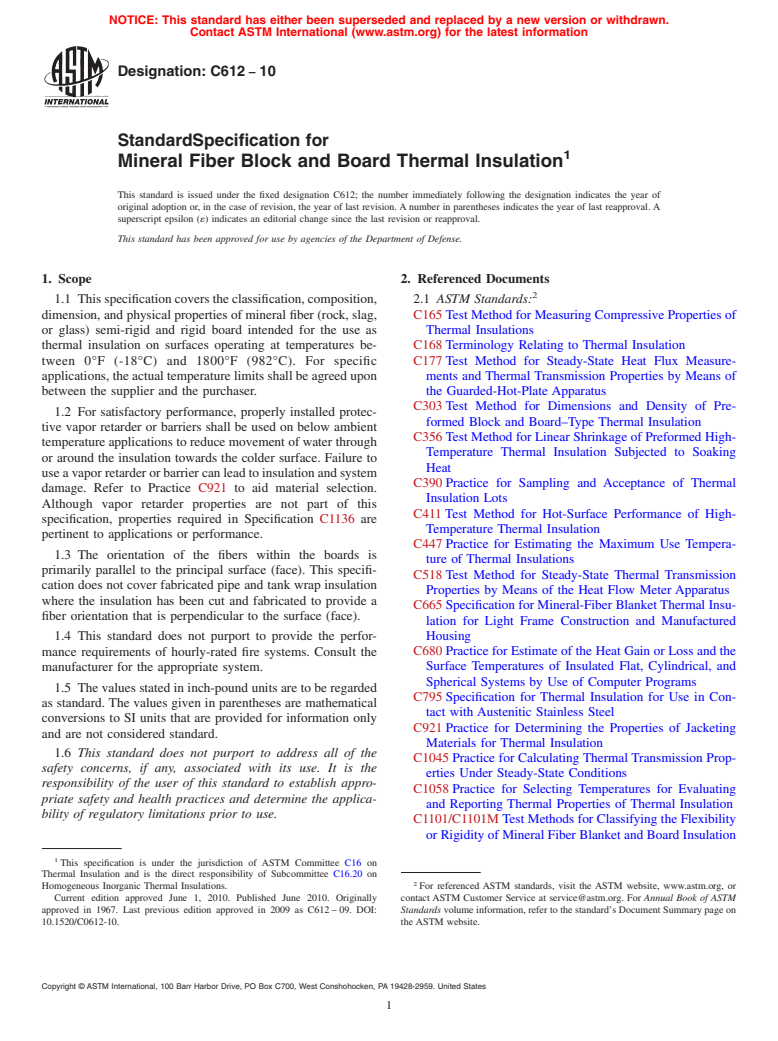 ASTM C612-10 - Standard Specification for Mineral Fiber Block and Board Thermal Insulation