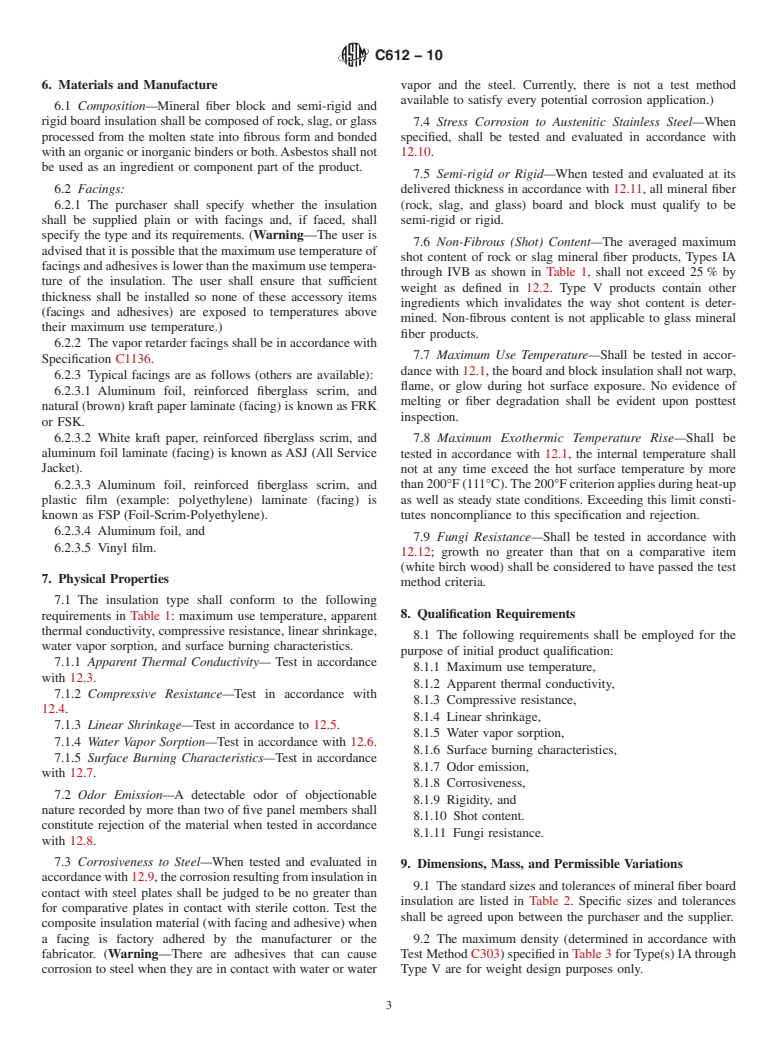 ASTM C612-10 - Standard Specification for Mineral Fiber Block and Board Thermal Insulation