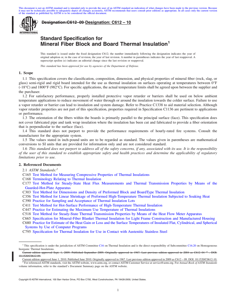REDLINE ASTM C612-10 - Standard Specification for Mineral Fiber Block and Board Thermal Insulation