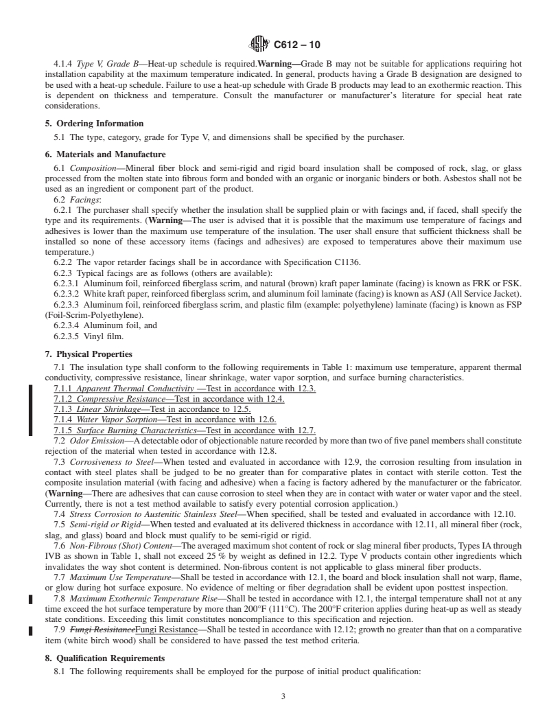 REDLINE ASTM C612-10 - Standard Specification for Mineral Fiber Block and Board Thermal Insulation