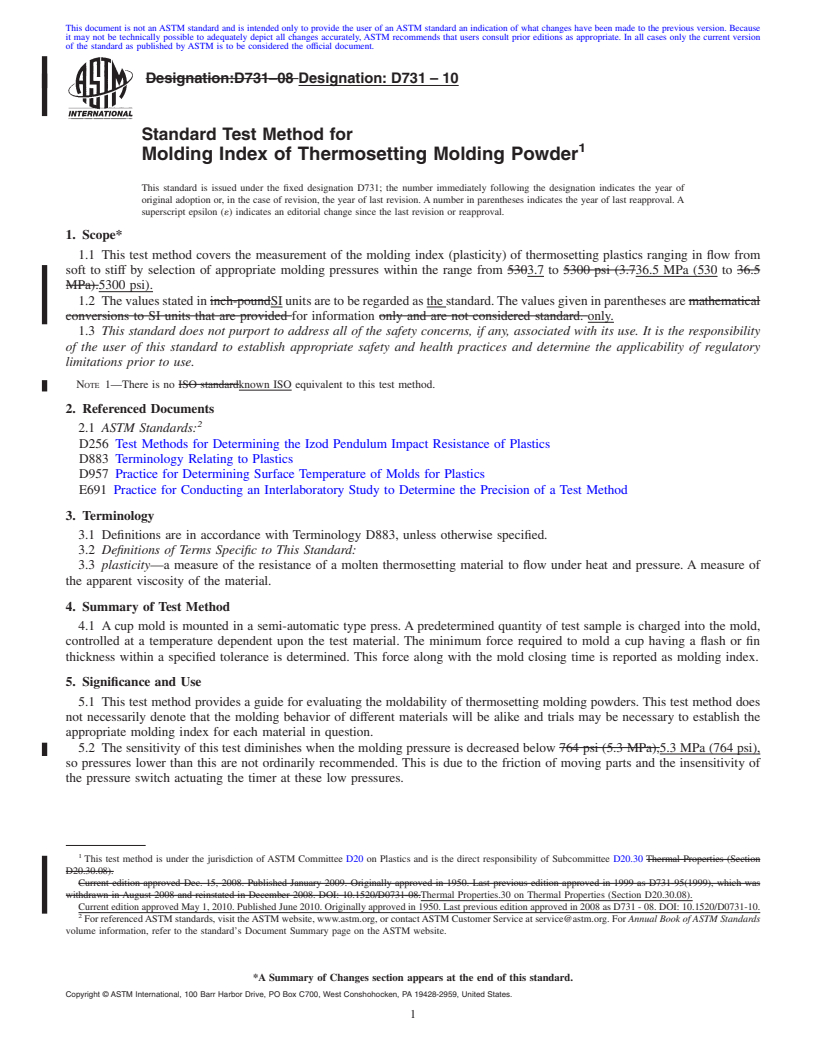 REDLINE ASTM D731-10 - Standard Test Method for Molding Index of Thermosetting Molding Powder