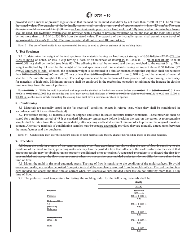 REDLINE ASTM D731-10 - Standard Test Method for Molding Index of Thermosetting Molding Powder