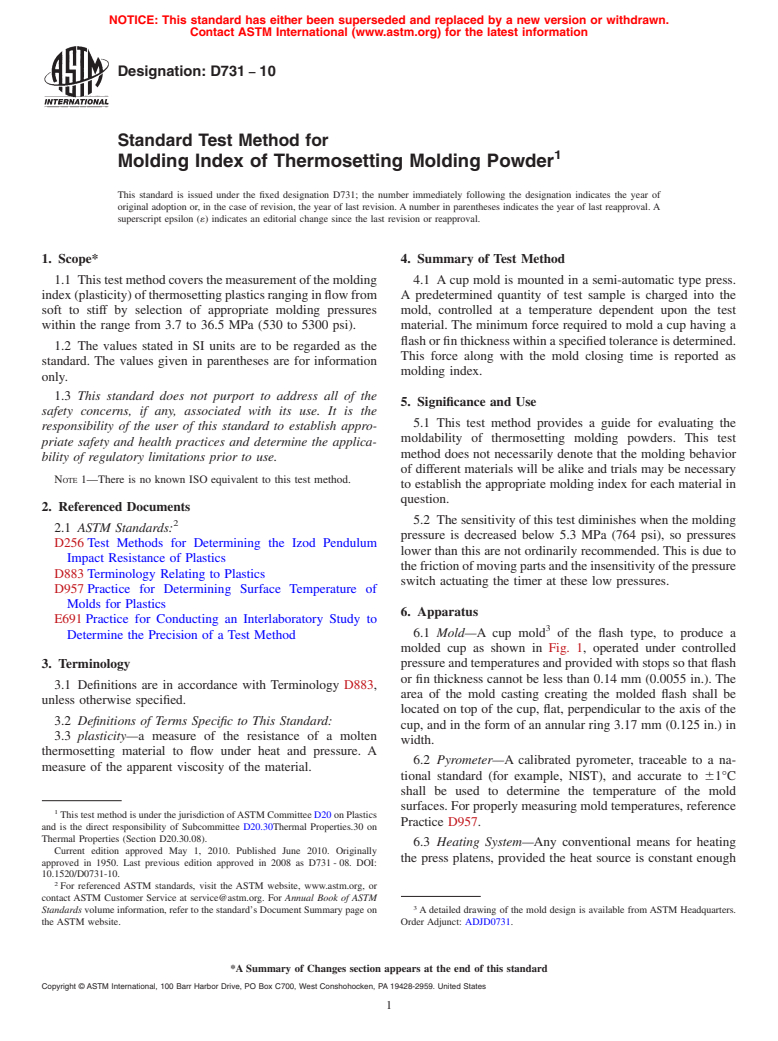 ASTM D731-10 - Standard Test Method for Molding Index of Thermosetting Molding Powder