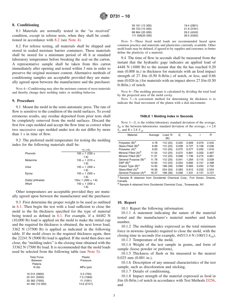 ASTM D731-10 - Standard Test Method for Molding Index of Thermosetting Molding Powder