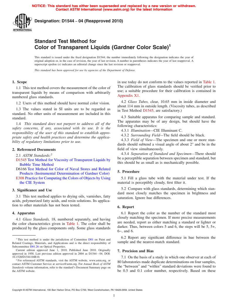 ASTM D1544-04(2010) - Standard Test Method for Color of Transparent Liquids (Gardner Color Scale)