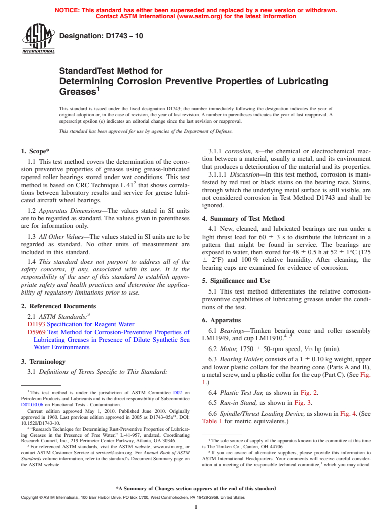 ASTM D1743-10 - Standard Test Method for Determining Corrosion Preventive Properties of Lubricating Greases