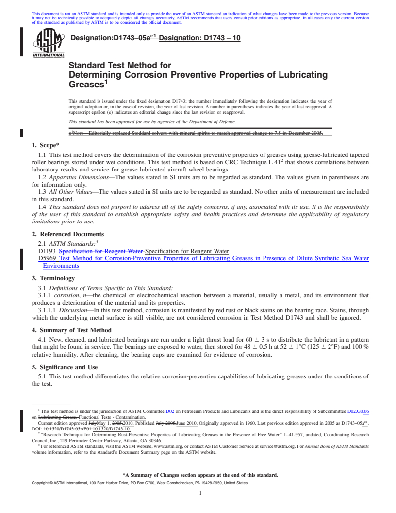 REDLINE ASTM D1743-10 - Standard Test Method for Determining Corrosion Preventive Properties of Lubricating Greases