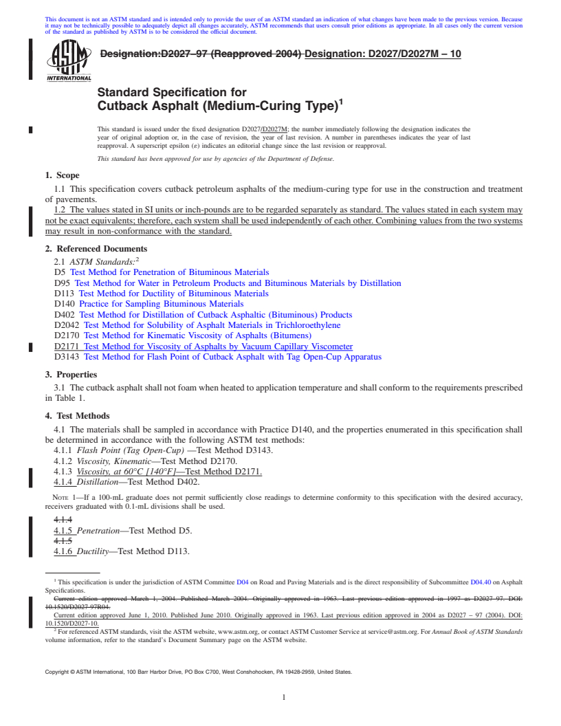 REDLINE ASTM D2027/D2027M-10 - Standard Specification for Cutback Asphalt (Medium-Curing Type)