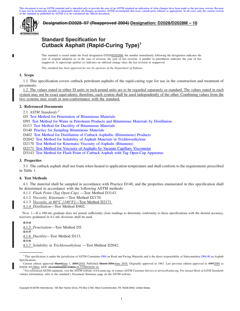 REDLINE ASTM D2028/D2028M-10 - Standard Specification for Cutback Asphalt (Rapid-Curing Type)