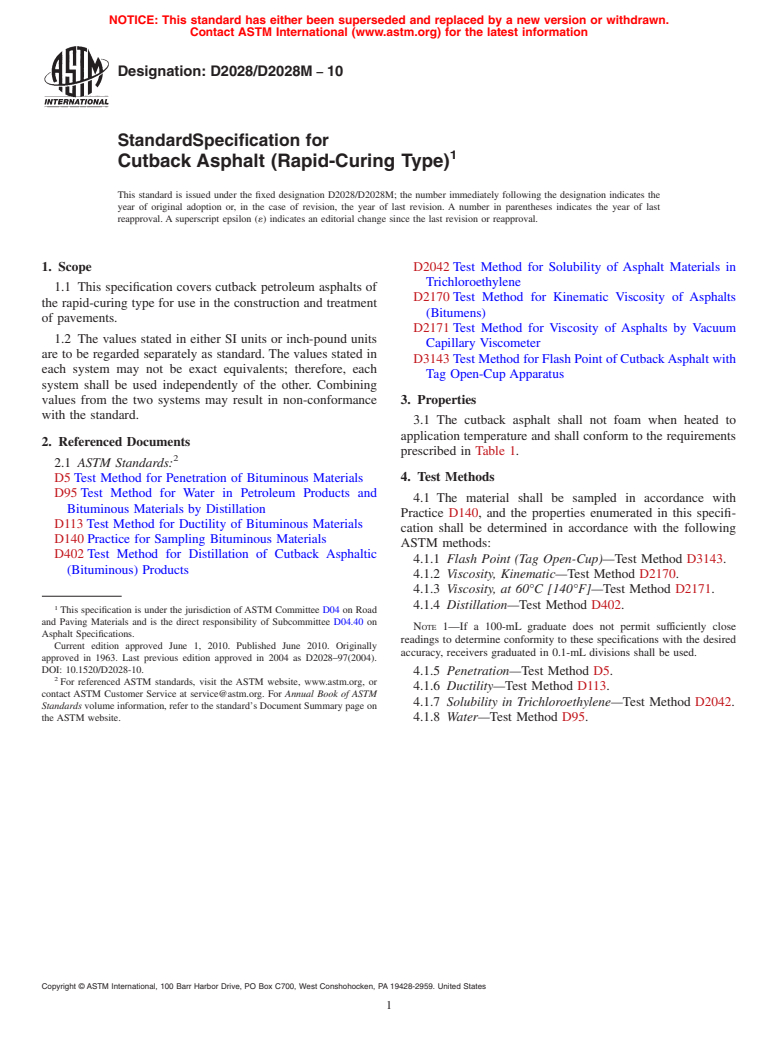 ASTM D2028/D2028M-10 - Standard Specification for Cutback Asphalt (Rapid-Curing Type)