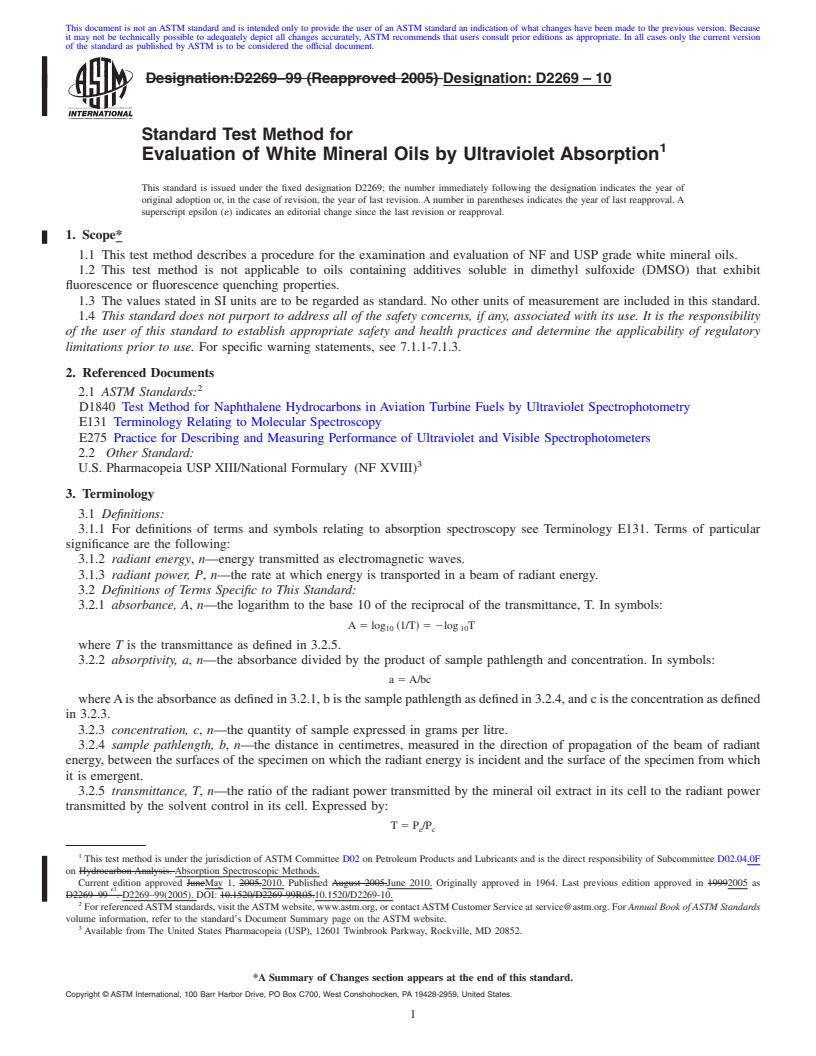 REDLINE ASTM D2269-10 - Standard Test Method for Evaluation of White Mineral Oils by Ultraviolet Absorption