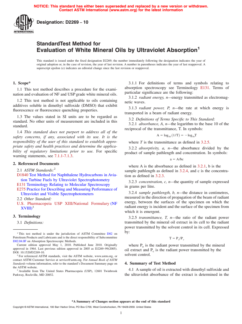 ASTM D2269-10 - Standard Test Method for Evaluation of White Mineral Oils by Ultraviolet Absorption