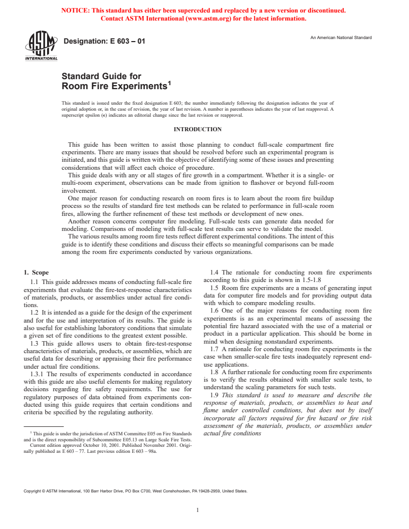 ASTM E603-01 - Standard Guide for Room Fire Experiments