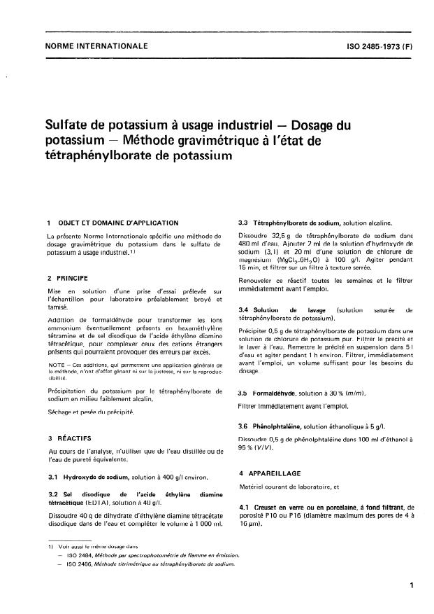 ISO 2485:1973 ISO 2485:1973 - Sulfate de potassium a usage industriel -- Dosage du potassium -- Méthode gravimétrique a l'état de tétraphénylborate de potassium - Page 3 preview