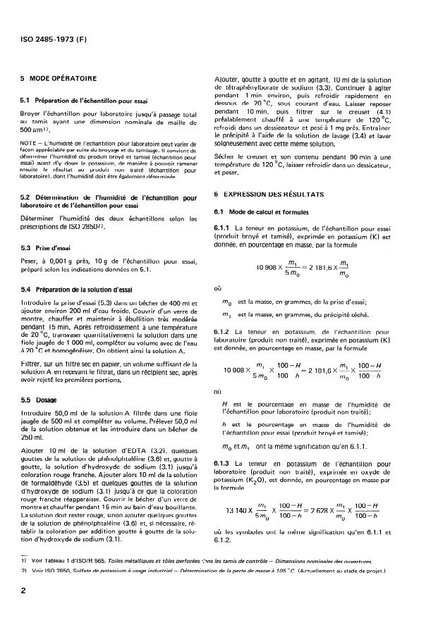 ISO 2485:1973 ISO 2485:1973 - Sulfate de potassium a usage industriel -- Dosage du potassium -- Méthode gravimétrique a l'état de tétraphénylborate de potassium - Page 4 preview
