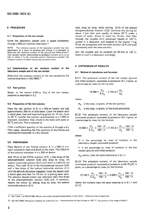 ISO 2485:1973 ISO 2485:1973 - Potassium sulphate for industrial use -- Determination of potassium content -- Gravimetric method as potassium tetraphenylborate - Page 4 preview