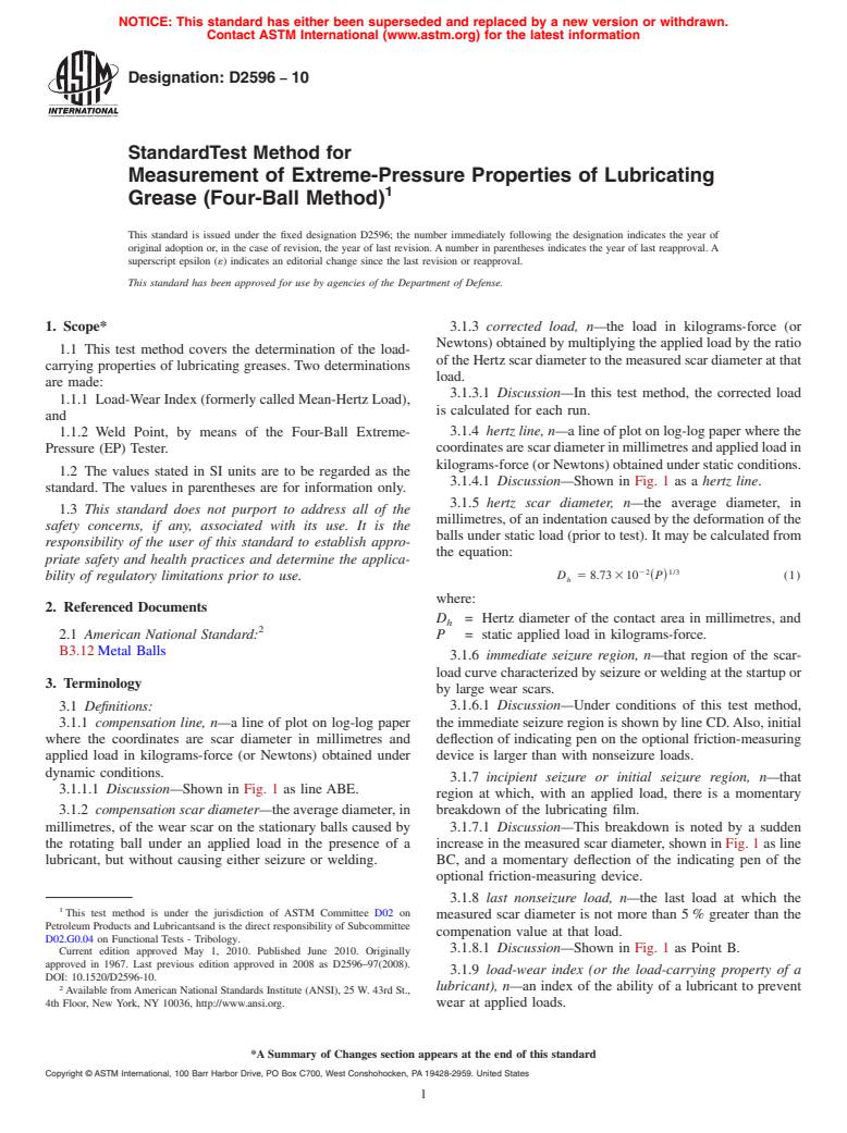 ASTM D2596-10 - Standard Test Method for Measurement of Extreme-Pressure Properties of Lubricating Grease (Four-Ball Method)