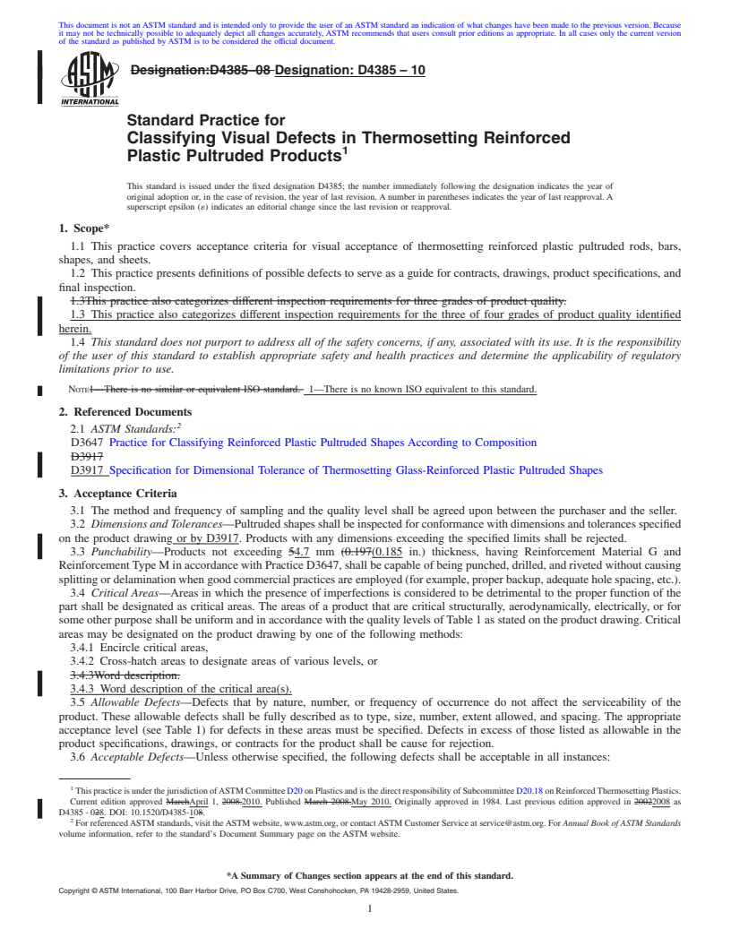 REDLINE ASTM D4385-10 - Standard Practice for  Classifying Visual Defects in Thermosetting Reinforced Plastic Pultruded Products