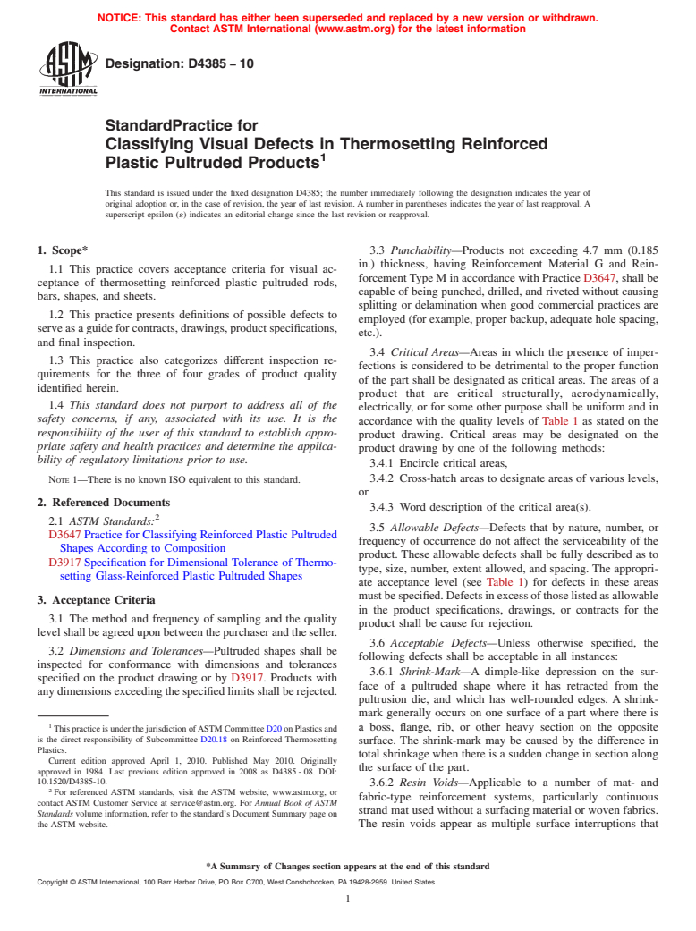 ASTM D4385-10 - Standard Practice for  Classifying Visual Defects in Thermosetting Reinforced Plastic Pultruded Products