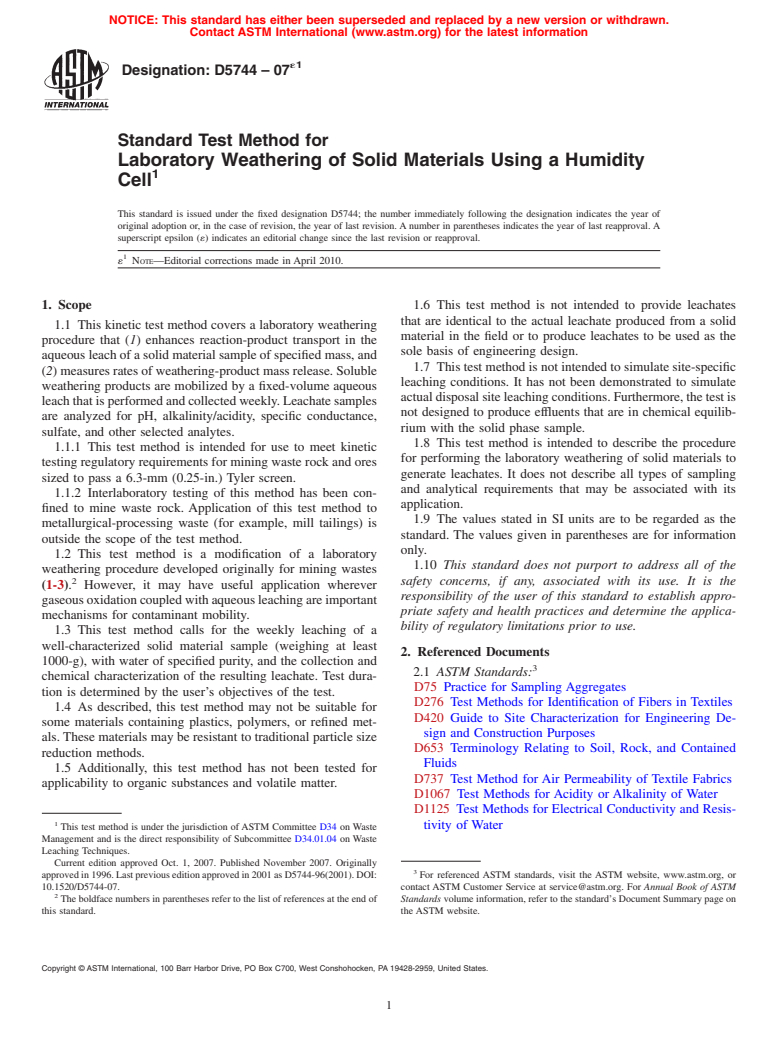 ASTM D5744-07e1 - Standard Test Method for Laboratory Weathering of Solid Materials Using a Humidity Cell