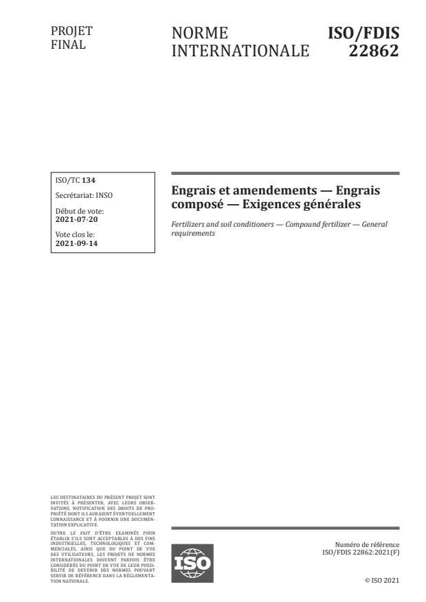 ISO/FDIS 22862:Version 31-jul-2021 - Engrais et amendements -- Engrais composé -- Exigences générales