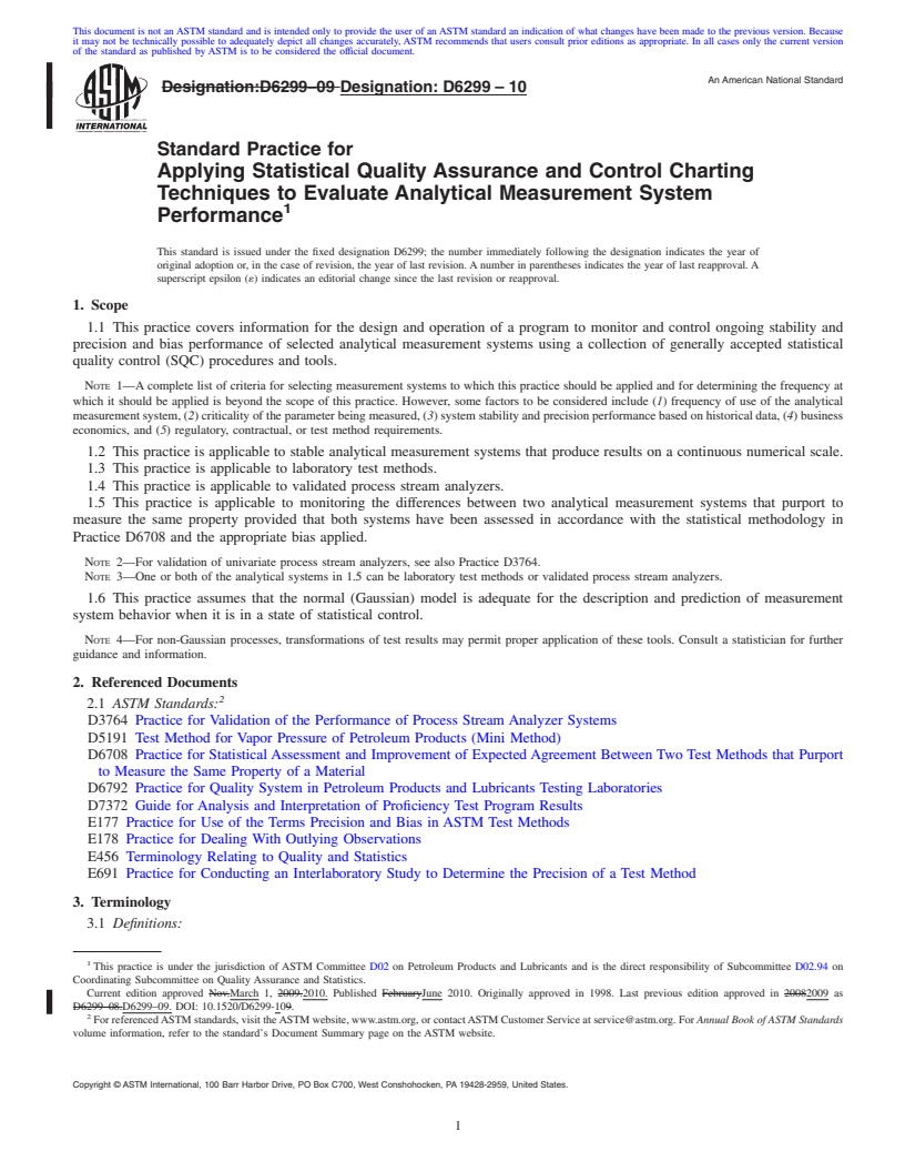 REDLINE ASTM D6299-10 - Standard Practice for Applying Statistical Quality Assurance and Control Charting Techniques to Evaluate Analytical Measurement System Performance