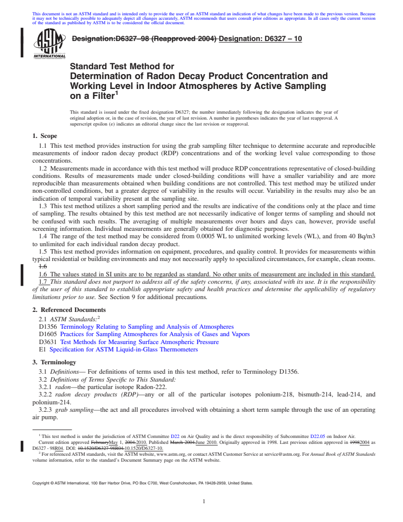 REDLINE ASTM D6327-10 - Standard Test Method for Determination of Radon Decay Product Concentration and Working Level in Indoor Atmospheres by Active Sampling on a Filter