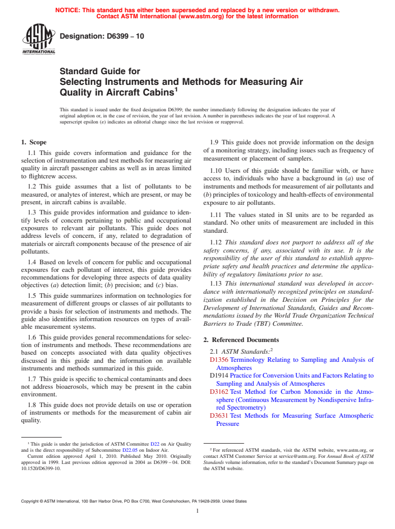 ASTM D6399-10 - Standard Guide for Selecting Instruments and Methods for Measuring Air Quality In Aircraft Cabins