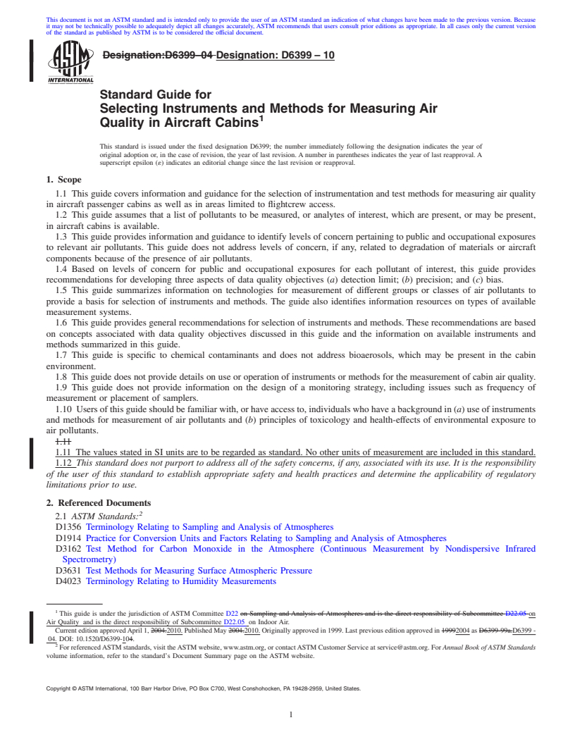 REDLINE ASTM D6399-10 - Standard Guide for Selecting Instruments and Methods for Measuring Air Quality In Aircraft Cabins