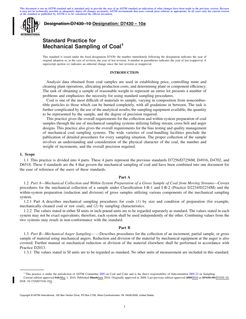 REDLINE ASTM D7430-10a - Standard Practice for Mechanical Sampling of Coal