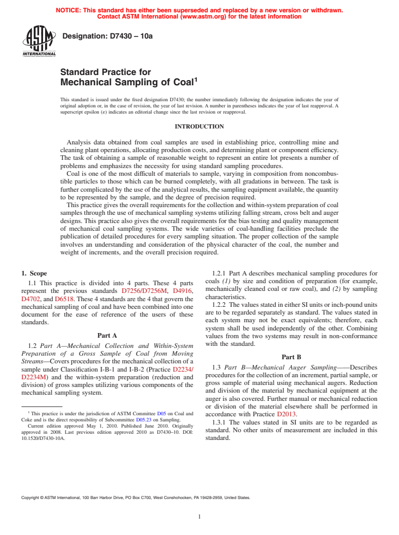ASTM D7430-10a - Standard Practice for Mechanical Sampling of Coal