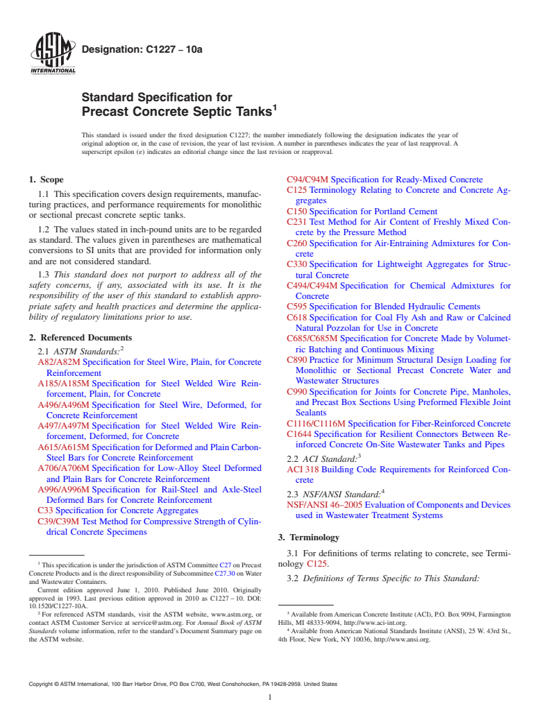 ASTM C1227-10a - Standard Specification for Precast Concrete Septic Tanks