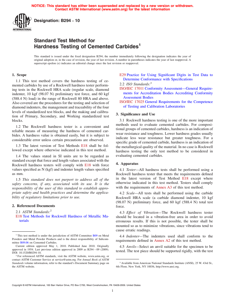 ASTM B294-10 - Standard Test Method for Hardness Testing of Cemented Carbides