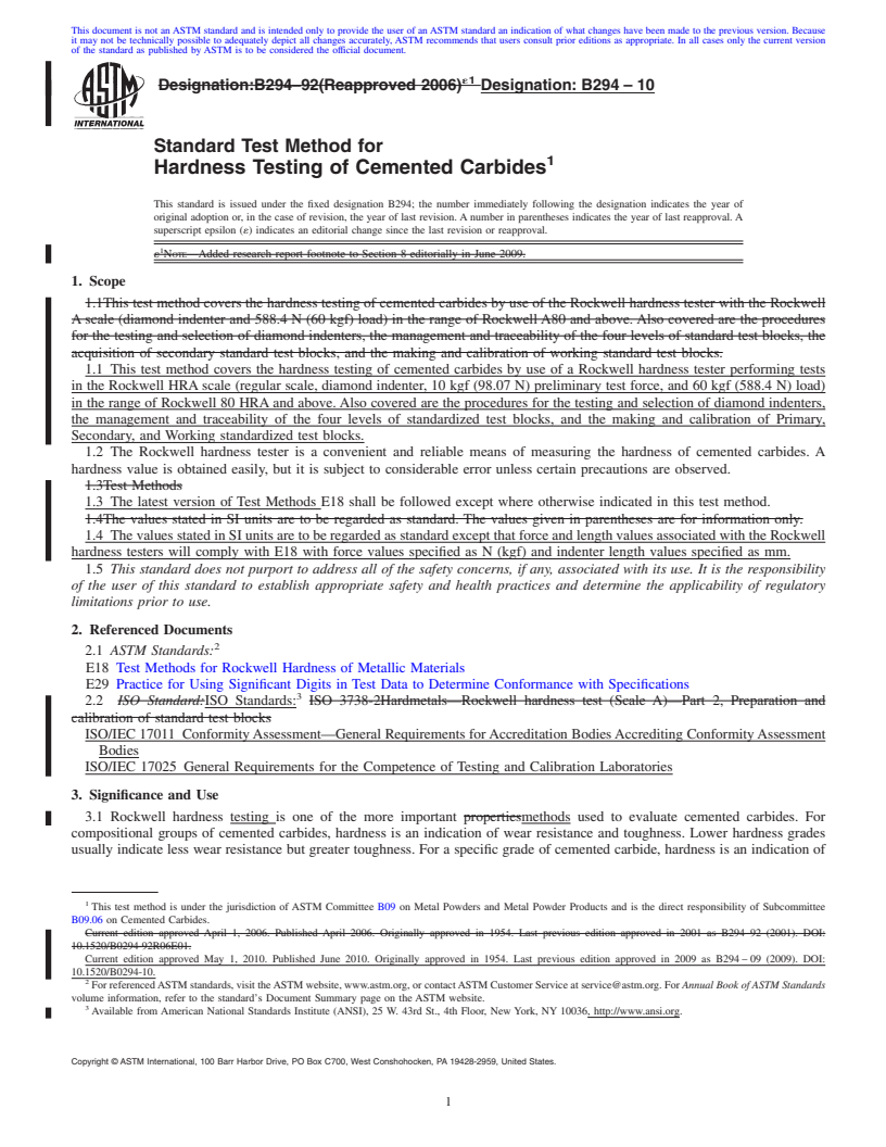 REDLINE ASTM B294-10 - Standard Test Method for Hardness Testing of Cemented Carbides