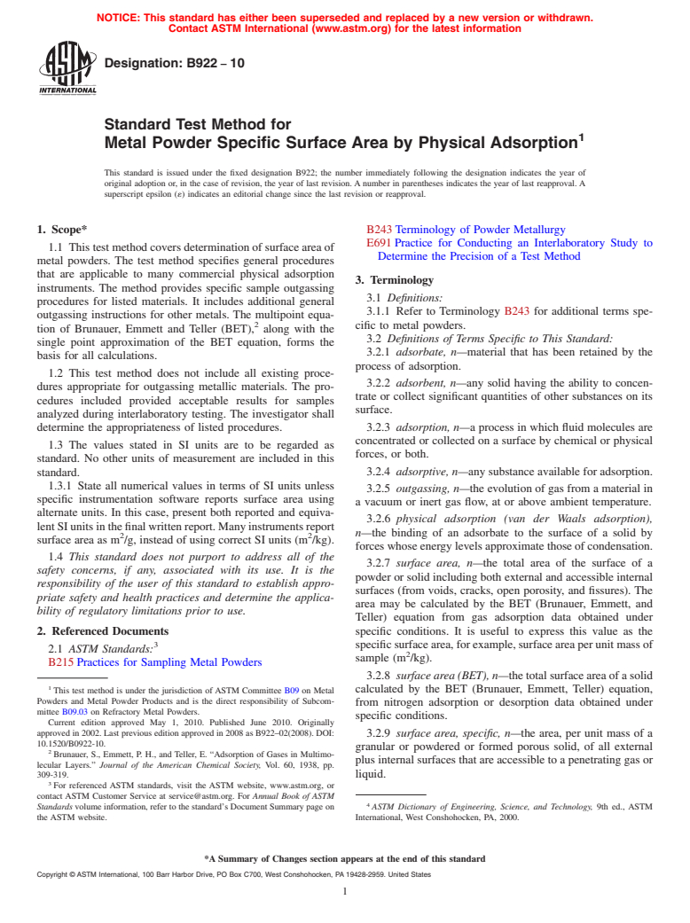 ASTM B922-10 - Standard Test Method for Metal Powder Specific Surface Area by Physical Adsorption