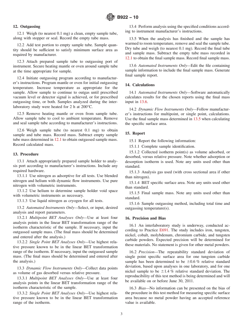 ASTM B922-10 - Standard Test Method for Metal Powder Specific Surface Area by Physical Adsorption