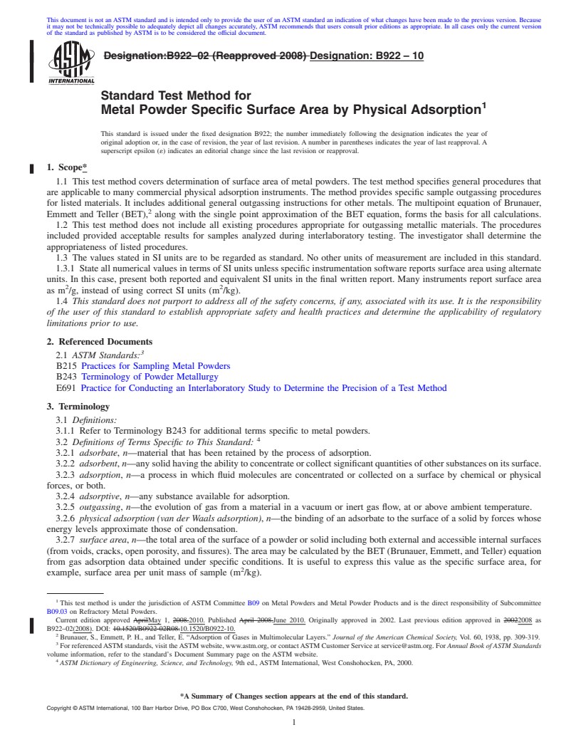 REDLINE ASTM B922-10 - Standard Test Method for Metal Powder Specific Surface Area by Physical Adsorption