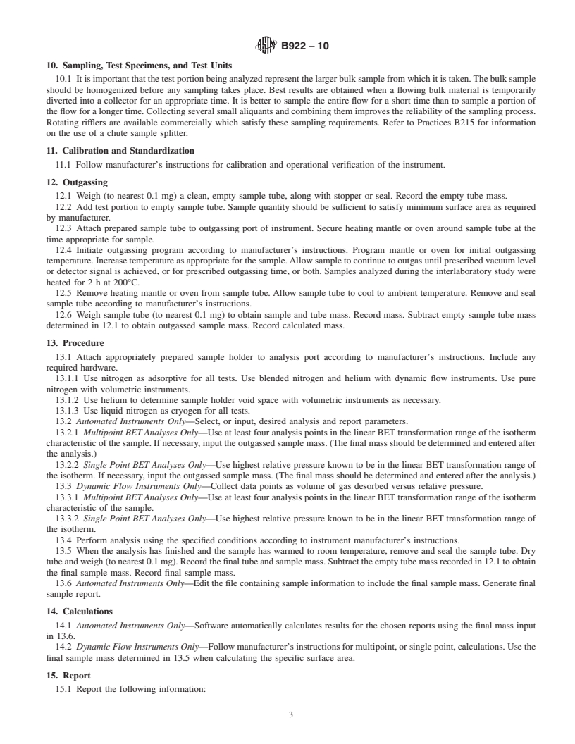 REDLINE ASTM B922-10 - Standard Test Method for Metal Powder Specific Surface Area by Physical Adsorption