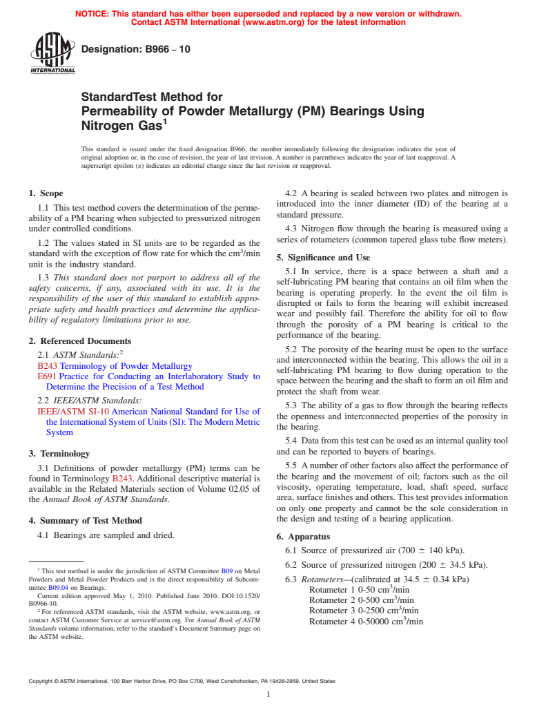 ASTM B966-10 - Standard Test Method For Permeability Of Powder ...