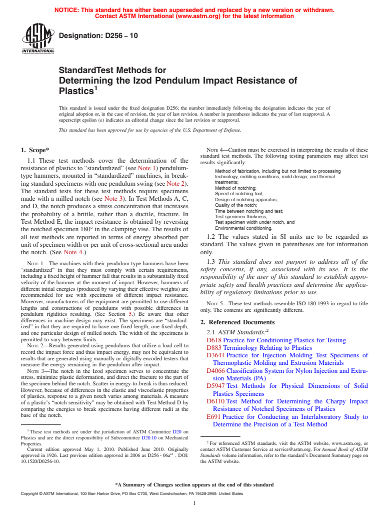 ASTM D256-10 - Standard Test Methods for Determining the Izod Pendulum Impact Resistance of Plastics