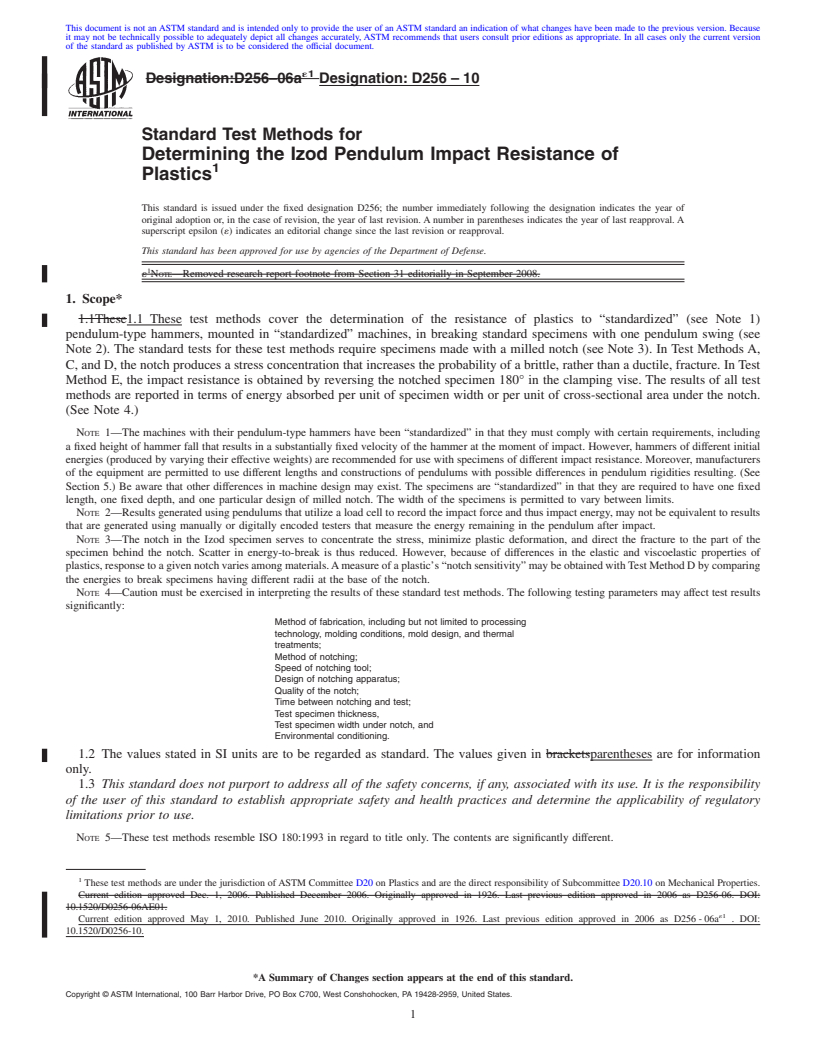 REDLINE ASTM D256-10 - Standard Test Methods for Determining the Izod Pendulum Impact Resistance of Plastics