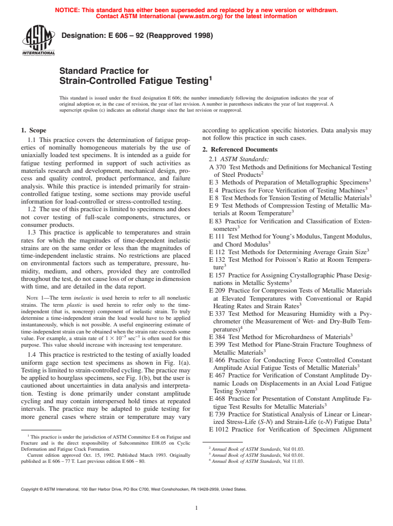 ASTM E606-92(1998) - Standard Practice for Strain-Controlled Fatigue Testing