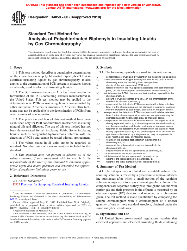 ASTM D4059-00(2010) - Standard Test Method for Analysis of Polychlorinated Biphenyls in Insulating Liquids by Gas Chromatography