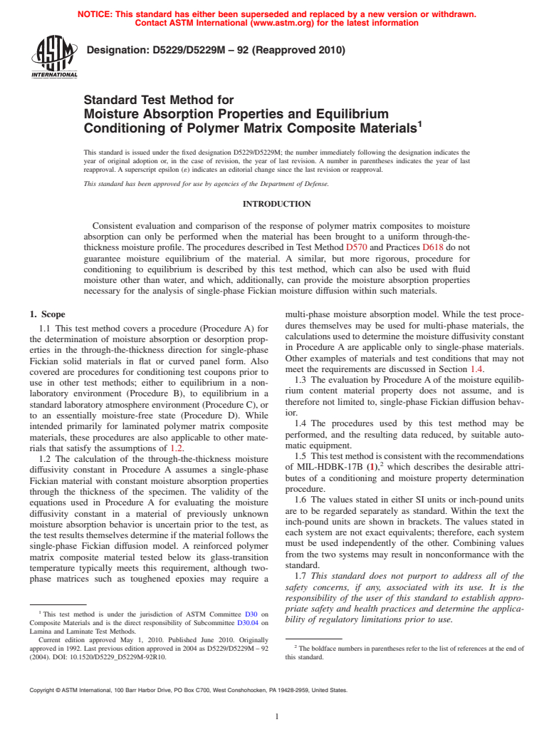 ASTM D5229/D5229M-92(2010) - Standard Test Method for Moisture Absorption Properties and Equilibrium Conditioning of Polymer Matrix Composite Materials