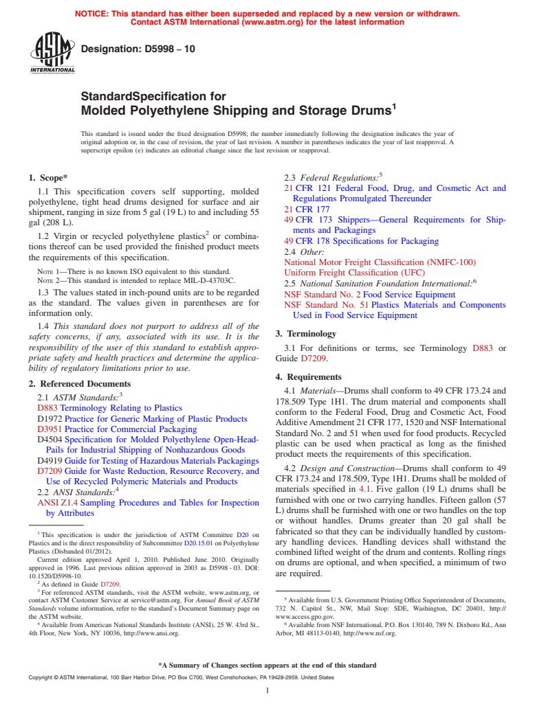 ASTM D5998-10 - Standard Specification for Molded Polyethylene Shipping and Storage Drums