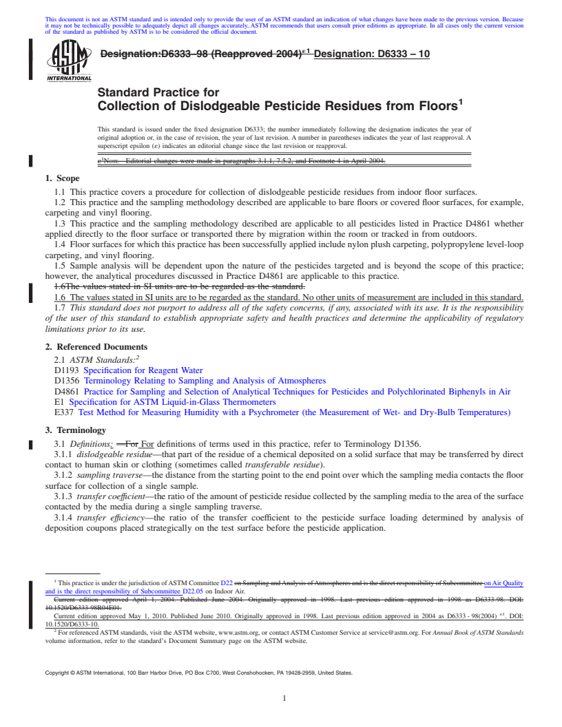 REDLINE ASTM D6333-10 - Standard Practice for Collection of Dislodgeable Pesticide Residues from Floors
