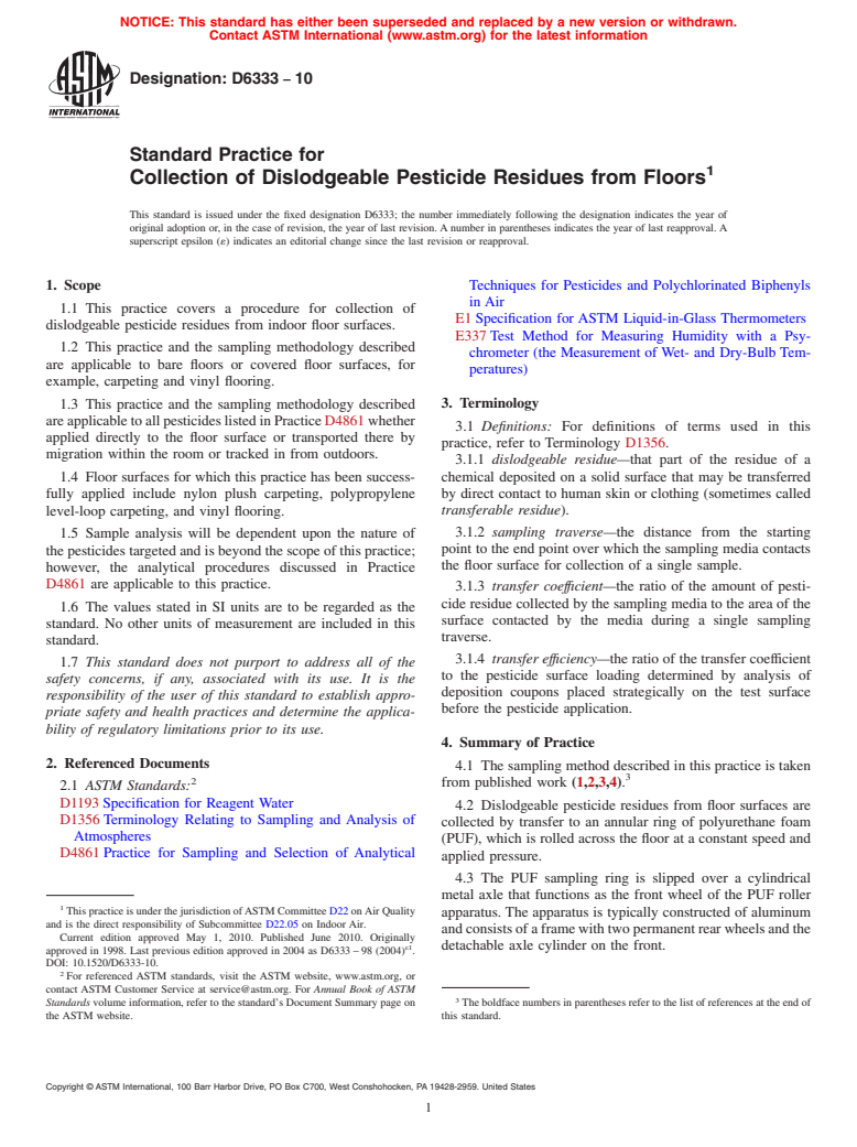 ASTM D6333-10 - Standard Practice for Collection of Dislodgeable Pesticide Residues from Floors